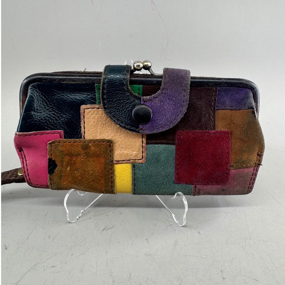 Lucky Brand Womens Leather Patchwork Kiss Lock Wristlet Wallet Multicolored